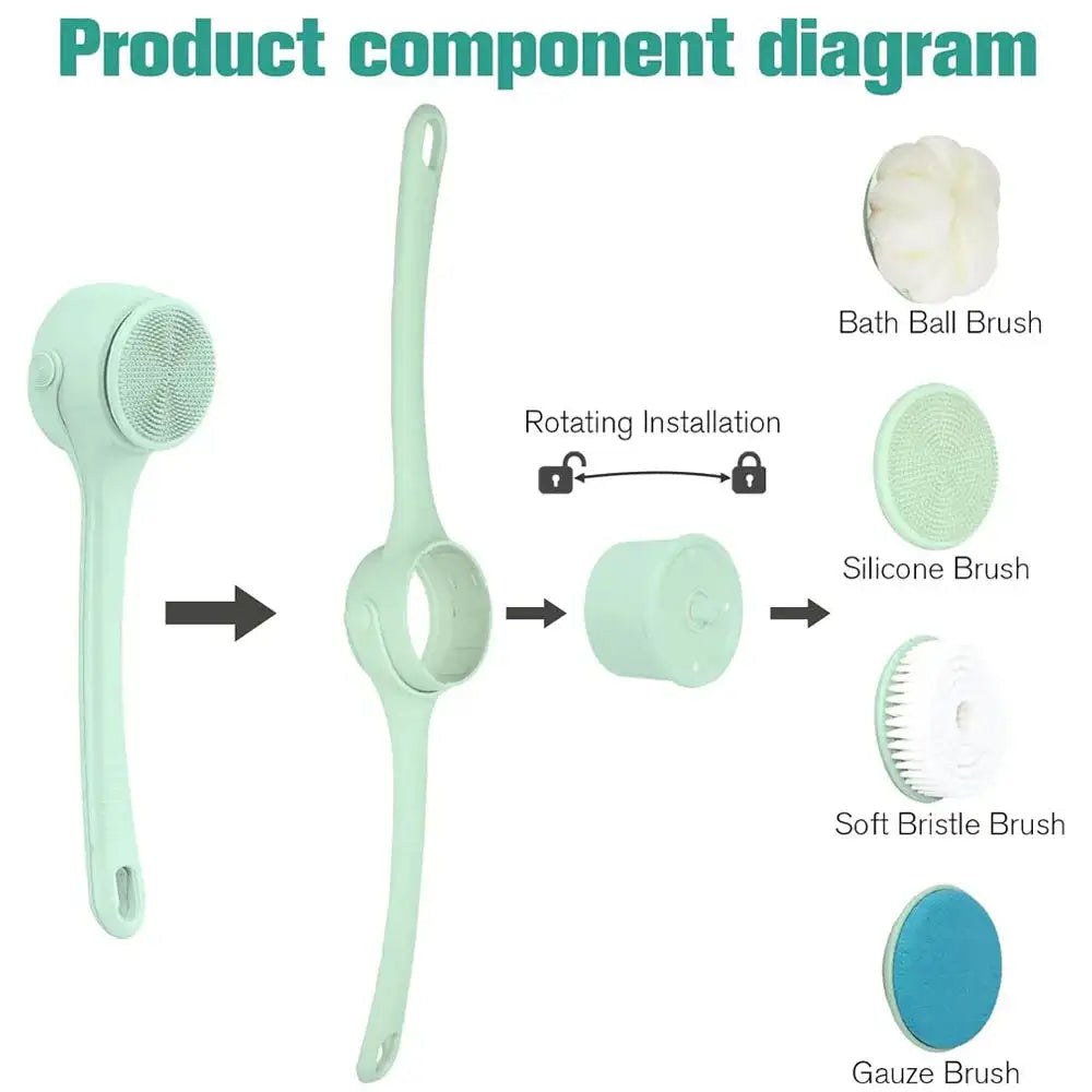 Electric Body Brush Back Scrubber for Shower, 4 Replaceable Heads and Hook, Long Handle Bath Brush with Type-C Rechargeable
