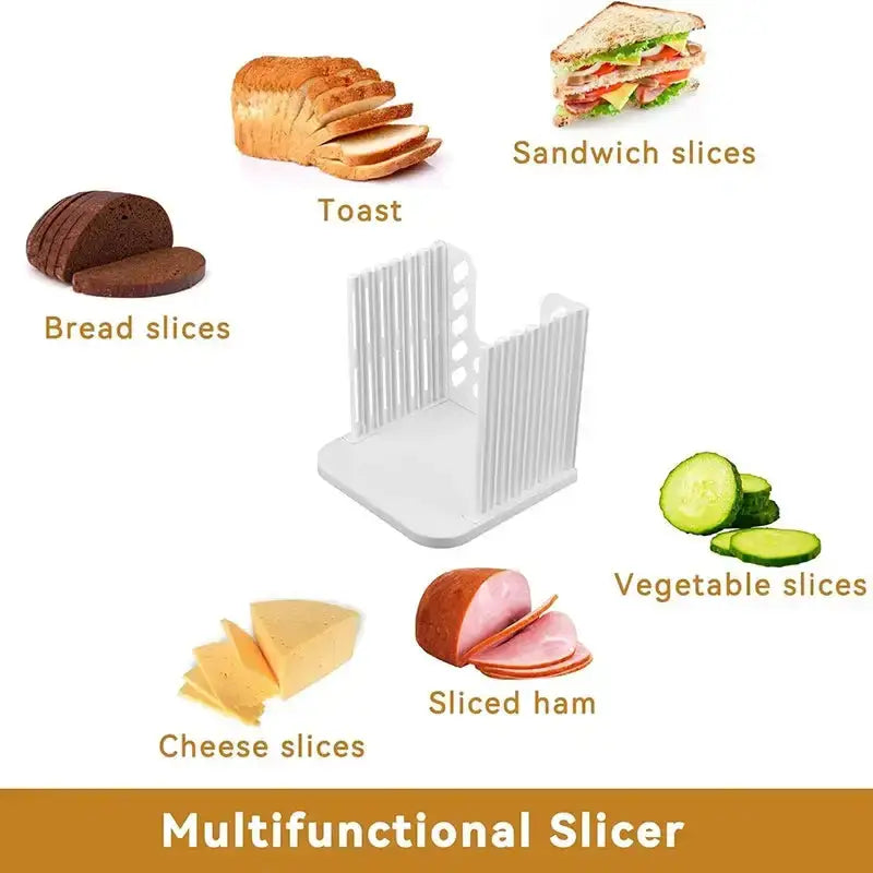 Multifunctional white bread slicer used for slicing bread, cheese, vegetables, and ham, ideal for kitchen food preparation and sandwich making.