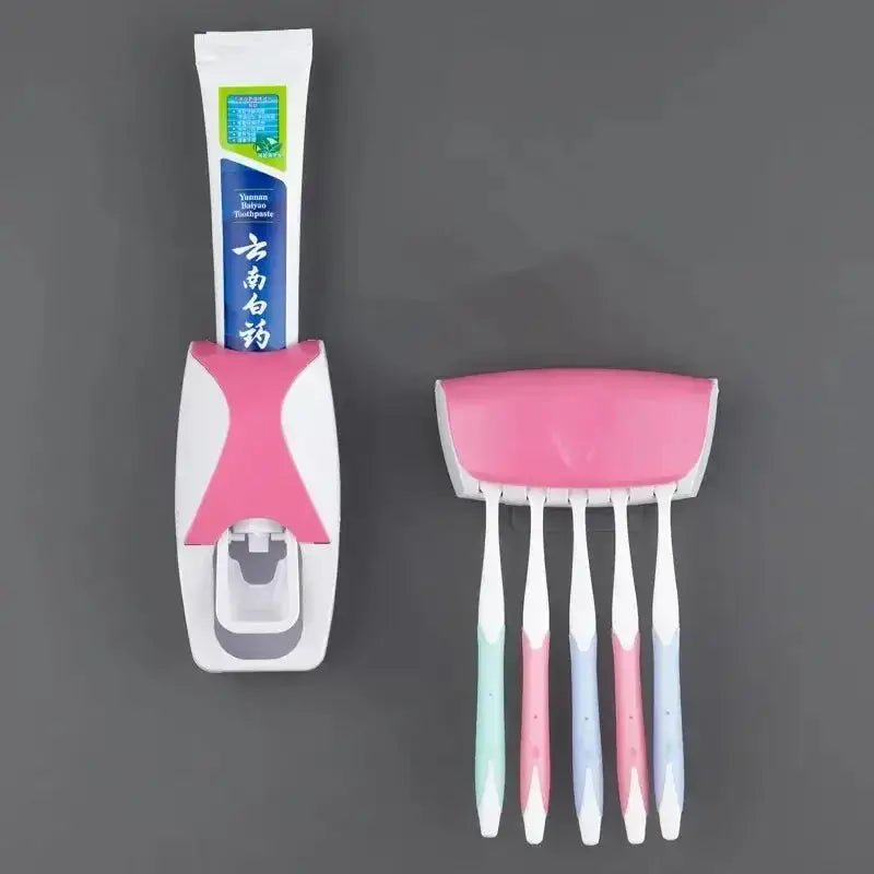 Colorful toothbrush holder with toothpaste tube slot and four toothbrushes, wall-mounted bathroom organizer, SKU: 14175greenG1643D