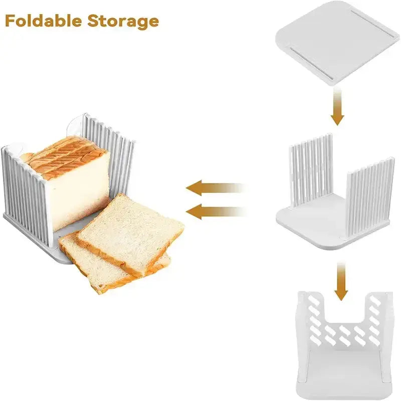 Foldable white bread slicer stand with vertical slats for even bread slicing, compact design for kitchen countertop storage