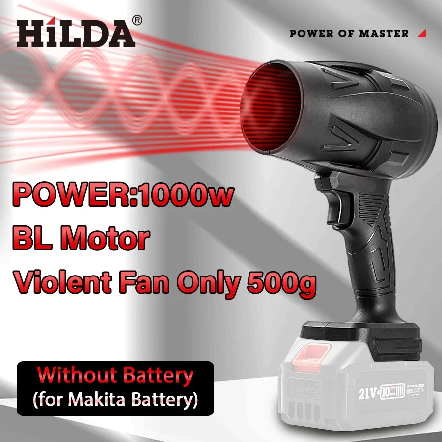 HILDA Handheld Fan 1000W Storm Air Blower Stepless Speed Cleanner Dust Blower Electric Violent Air Gun for Makita Battery