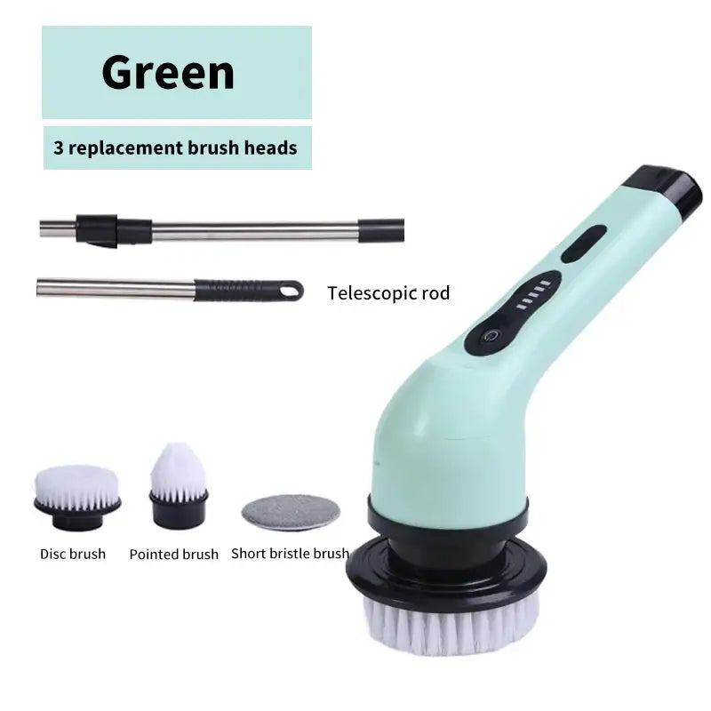Green electric spin cleaning scrubber with nine replacement brush heads, telescopic rod, and ergonomic handle for versatile cleaning