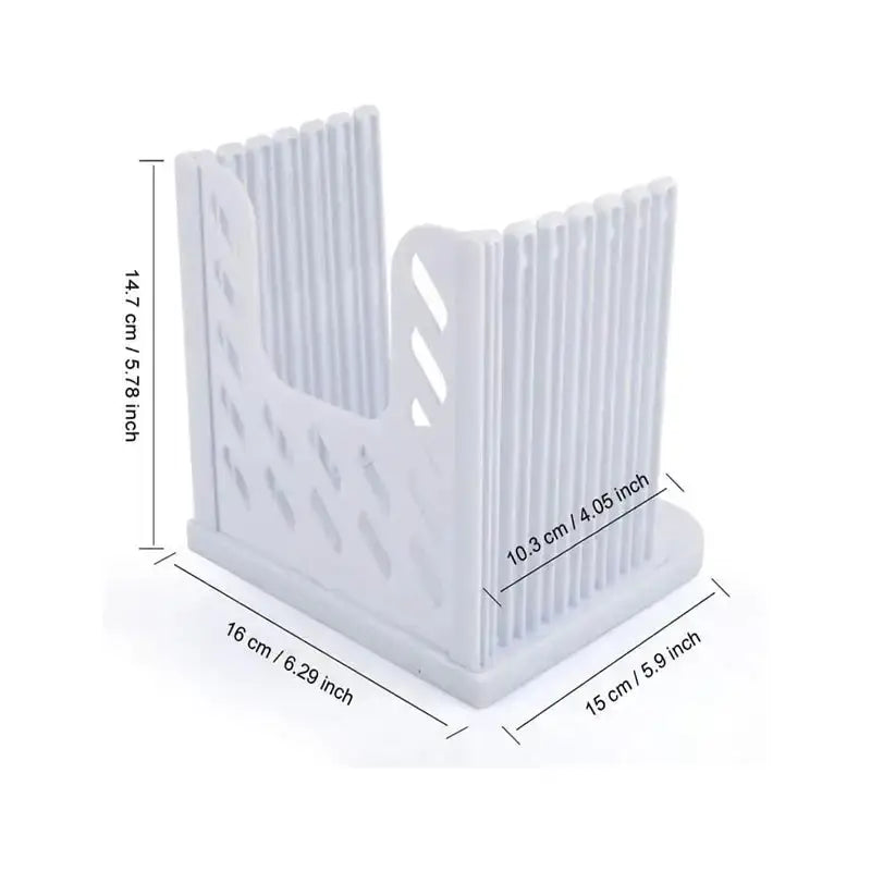 White foldable toast bread slicer with vertical ridges, compact design, measuring 14.7 cm high, 16 cm wide, and 15 cm deep for uniform bread slicing.