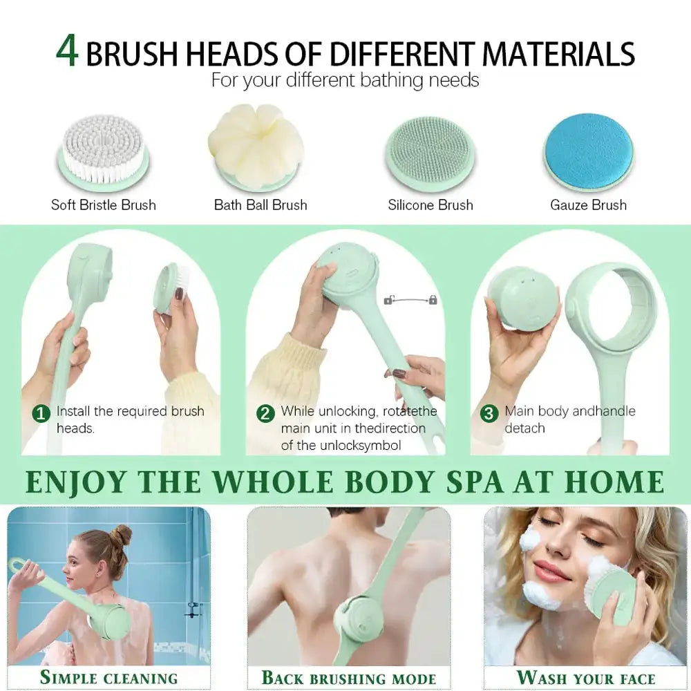 Electric Body Brush Back Scrubber for Shower, 4 Replaceable Heads and Hook, Long Handle Bath Brush with Type-C Rechargeable