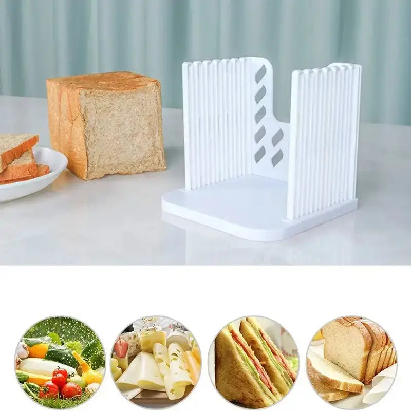 Person slicing bread with the white bread slicer, demonstrating its ease of use for creating uniform bread slices for sandwiches or toast.
