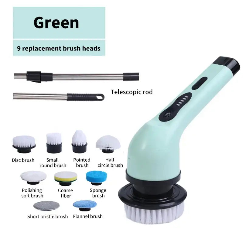 Green 9-in-1 electric spin cleaning scrubber with multiple brush heads including disc, pointed, half circle, polishing, coarse fiber, sponge, short bristle, flannel, and scrub brush, with telescopic rod for versatile cleaning - SKU: 141254White3heads