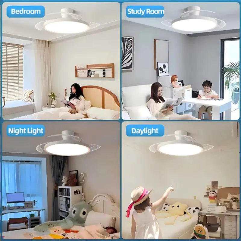Modern Invisible LED Ceiling Fan Lights DC Motor Large Air Volume 4 Folding Blades Lamps for Living Room Bedroom Dining Room