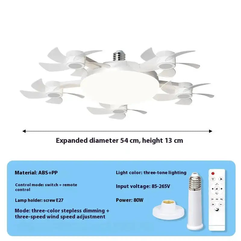 Expanded view of 4-head UAV drone fan light with LED lighting, remote control, 500mm diameter, suitable for spacious rooms and high ceilings