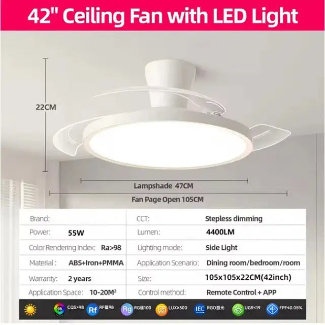 Modern Invisible LED Ceiling Fan Lights DC Motor Large Air Volume 4 Folding Blades Lamps for Living Room Bedroom Dining Room