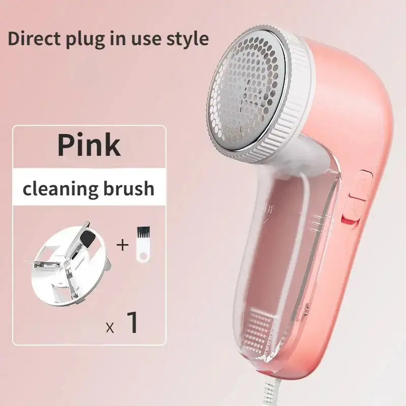 Pink electric lint remover clothes and pet hair remover with detachable blade, cleaning brush, and USB cable.