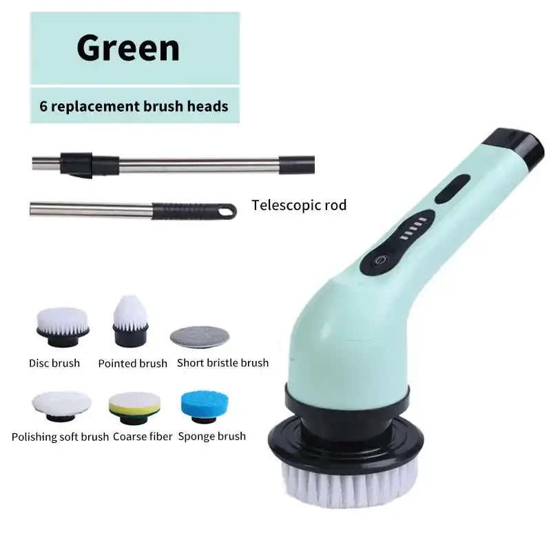 Electric spin cleaning scrubber with six green replacement brush heads, telescopic rod, and ergonomic handle for versatile cleaning
