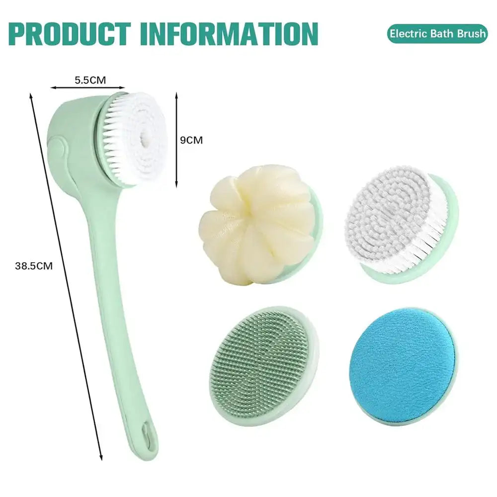Electric Body Brush Back Scrubber for Shower, 4 Replaceable Heads and Hook, Long Handle Bath Brush with Type-C Rechargeable