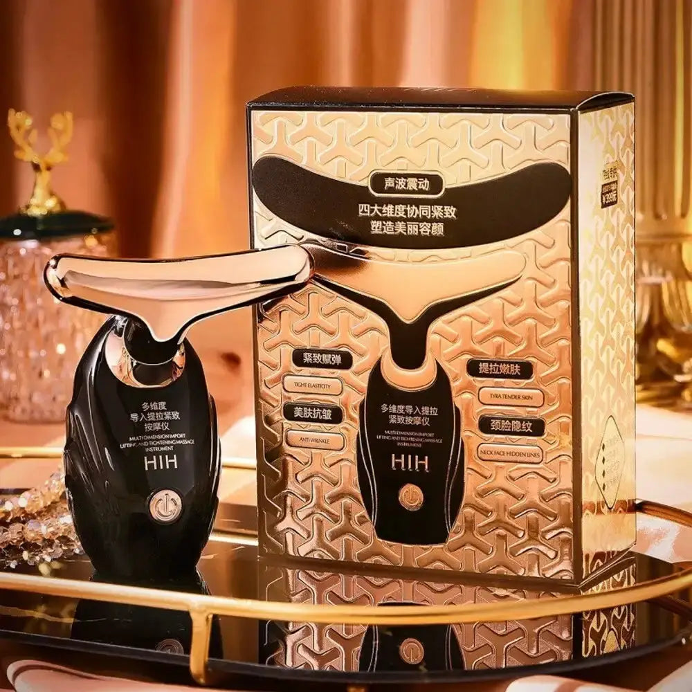 Face Lifting Device Neck Facial Eye Massager with elegant packaging on a luxurious table setting.