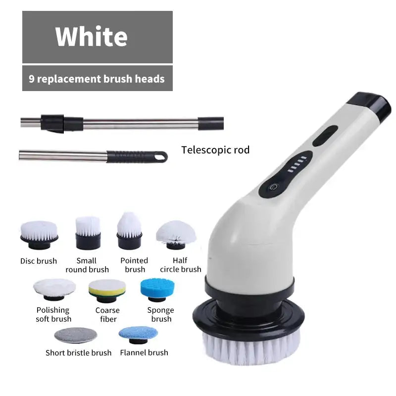 Electric spin cleaning scrubber with nine white replacement brush heads, telescopic rod, and ergonomic handle for deep cleaning
