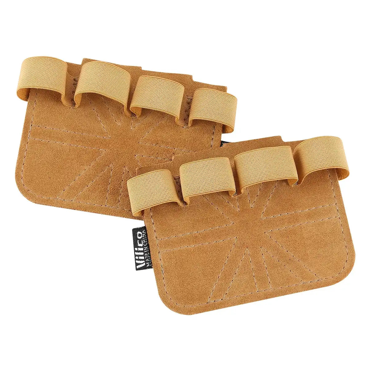 Pair of tan cowhide gym gloves grips with adjustable elastic straps and reinforced stitching for weightlifting and fitness training - SKU: 14193A0141-BK
