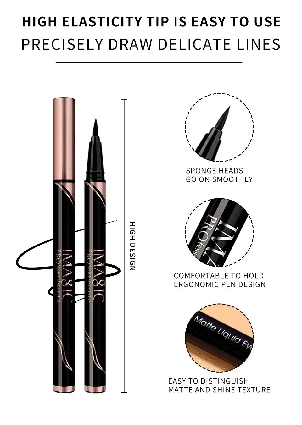 Close-up of black waterproof eyeliner pen with high elasticity tip, precise delicate lines, and ergonomic design for easy application