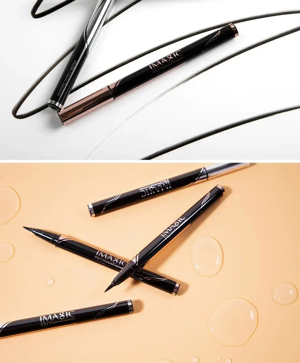 IMAGIC waterproof shine and matte eyeliner pen with black and rose gold design, lying on a white surface with tangled cords