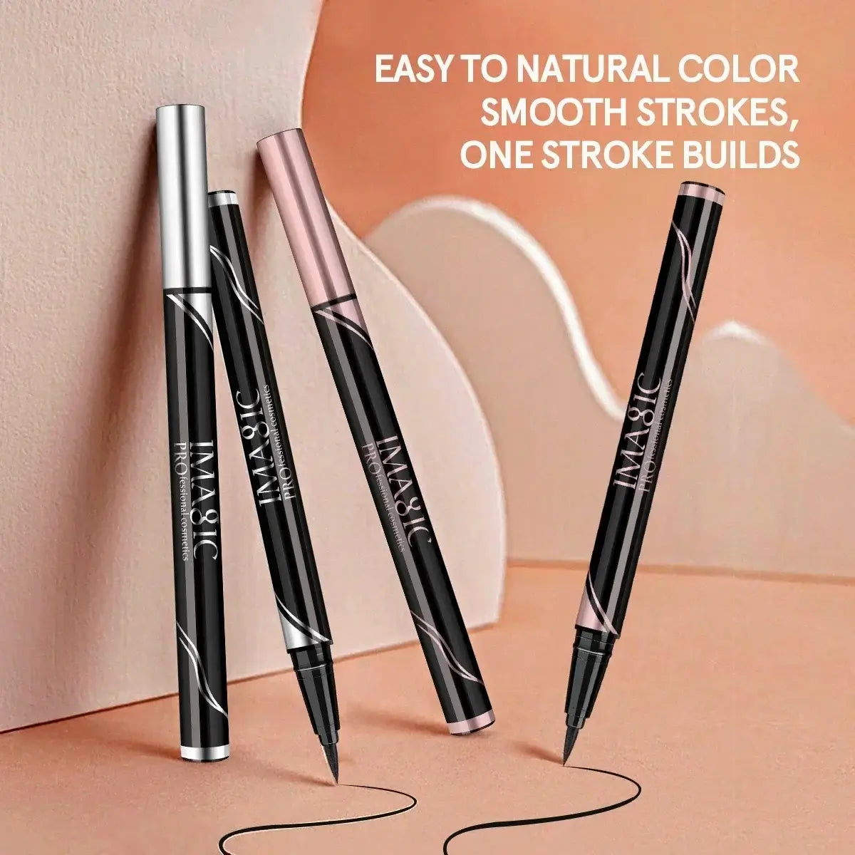 Set of black waterproof eyeliners with pink and silver accents, demonstrating smooth strokes for eye makeup, SKU: 200001176:1254#EY-338-E01