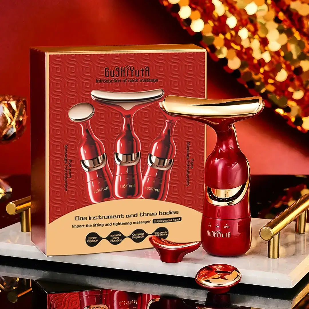 Face Lifting Device Neck Facial Eye Massager in elegant packaging with modern design and three interchangeable heads.