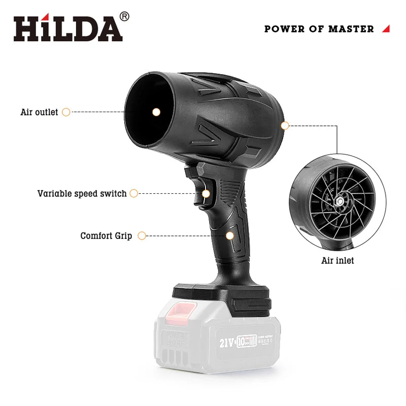 HILDA Handheld Fan 1000W Storm Air Blower Stepless Speed Cleanner Dust Blower Electric Violent Air Gun for Makita Battery