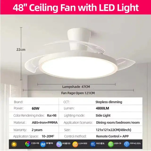 Modern Invisible LED Ceiling Fan Lights DC Motor Large Air Volume 4 Folding Blades Lamps for Living Room Bedroom Dining Room
