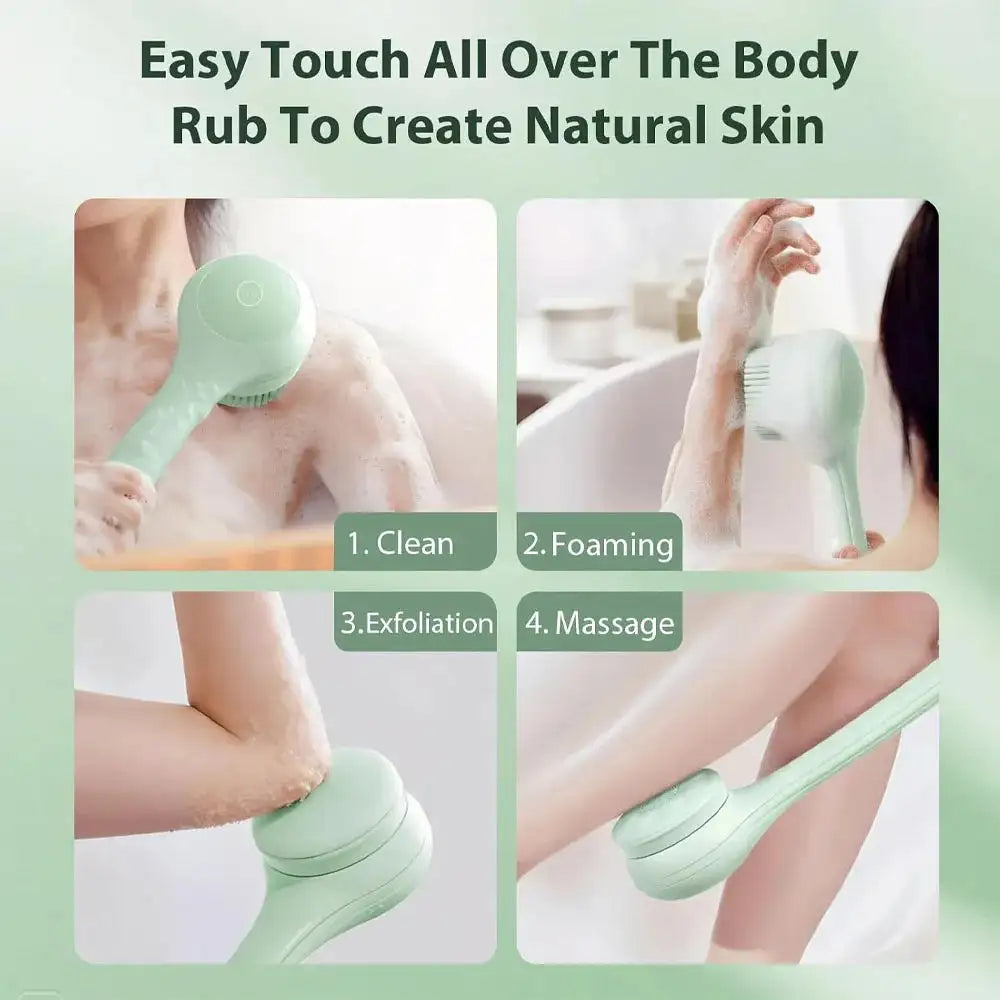 Electric Body Brush Back Scrubber for Shower, 4 Replaceable Heads and Hook, Long Handle Bath Brush with Type-C Rechargeable