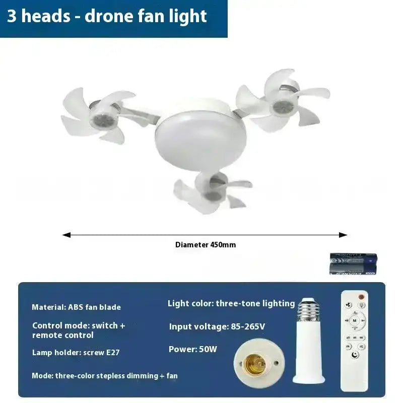 3-head drone fan light with ABS fan blades, 450mm diameter, white finish, remote control, E27 screw lamp holder, three-tone lighting, 50W power