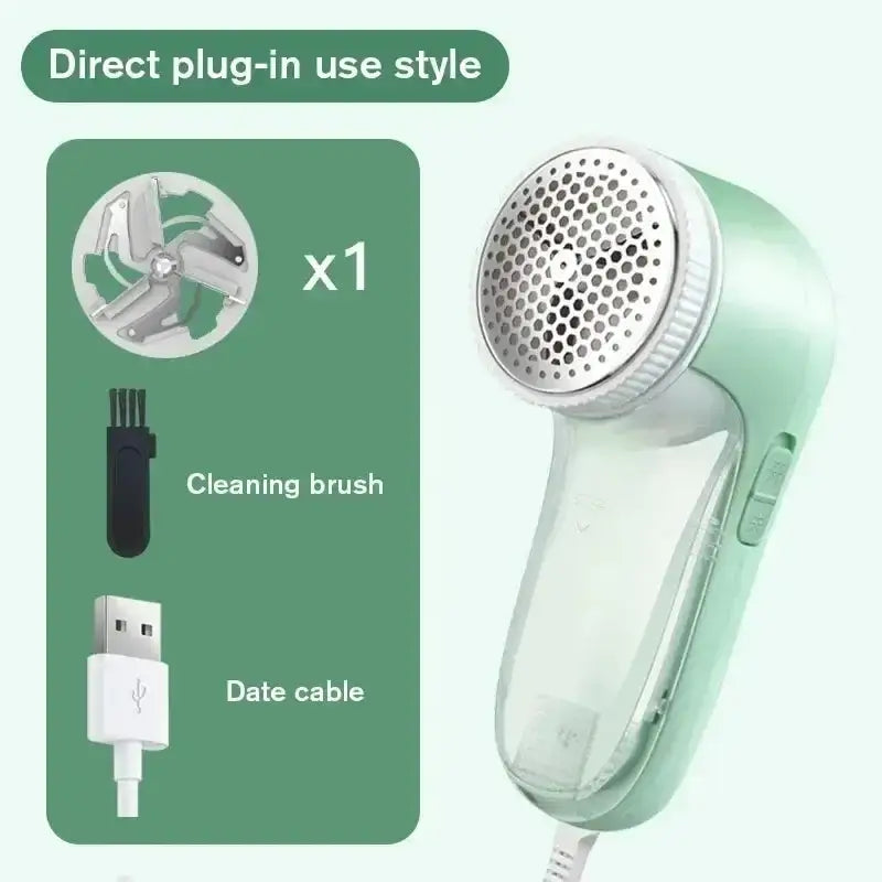 Electric lint remover clothes and pet hair remover set with one replacement blade, cleaning brush, and USB cable.
