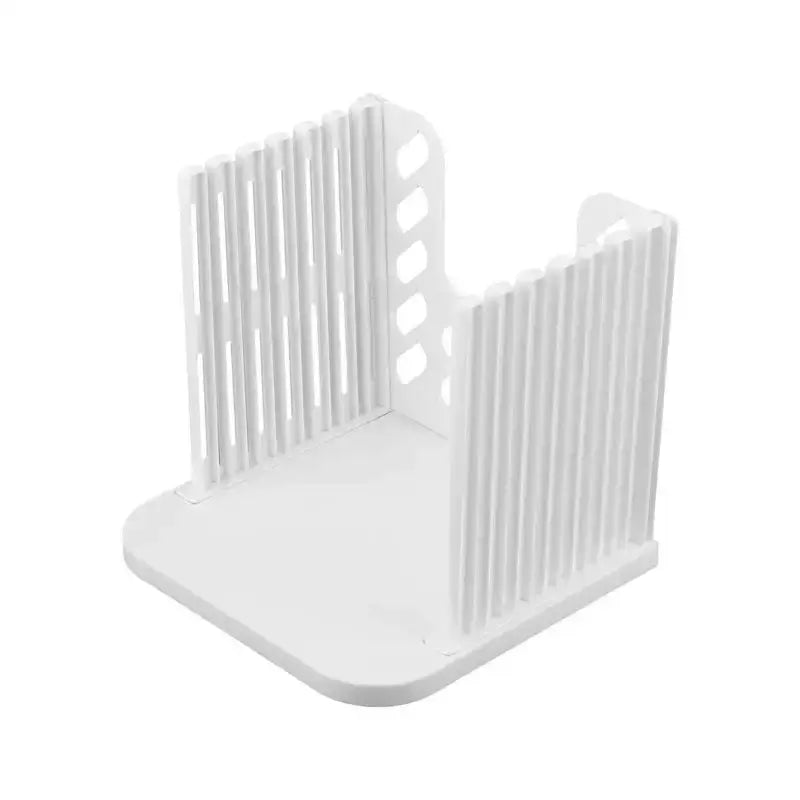 Close-up of the foldable bread slicing stand with adjustable vertical slats, made of durable plastic for bread slicing convenience