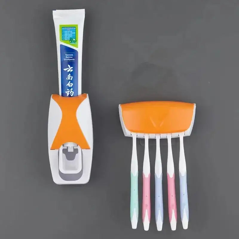 Colorful toothbrush holder with toothpaste tube slot and four toothbrushes, wall-mounted bathroom organizer, SKU: 14175greenG1643D