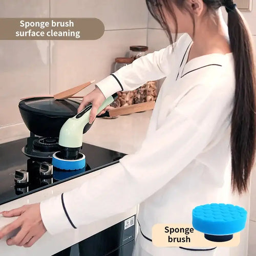 Electric spin cleaning scrubber with detachable handle and blue sponge brush head for surface cleaning in kitchen