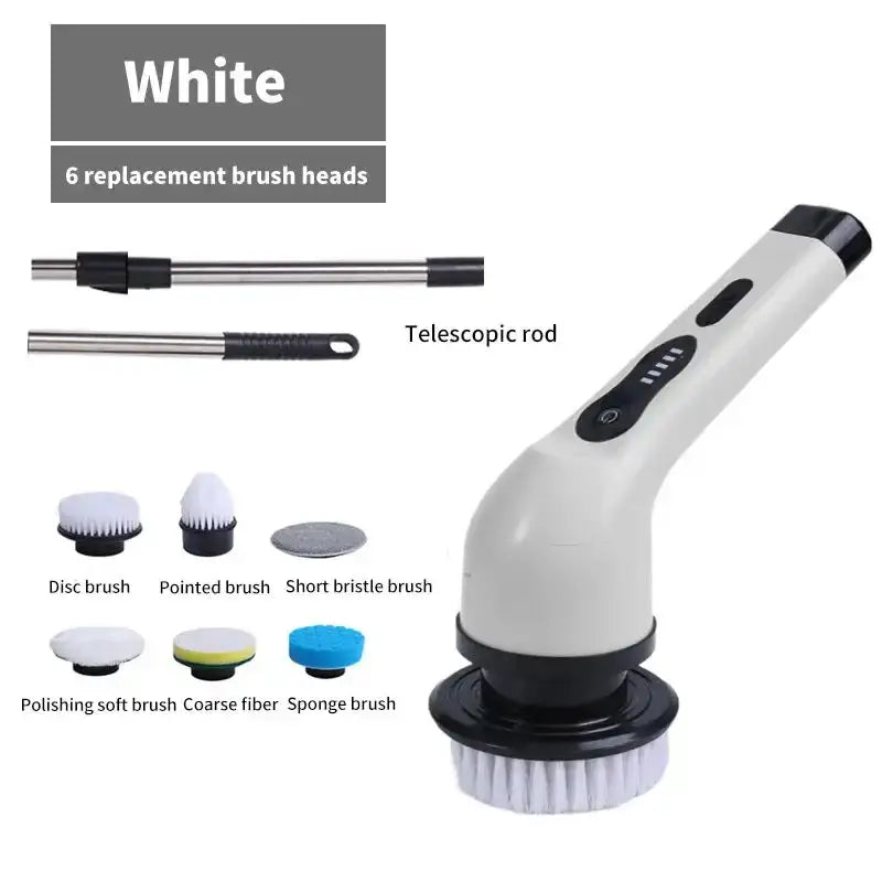 Electric spin cleaning scrubber with six white replacement brush heads, telescopic rod, and ergonomic handle for efficient cleaning