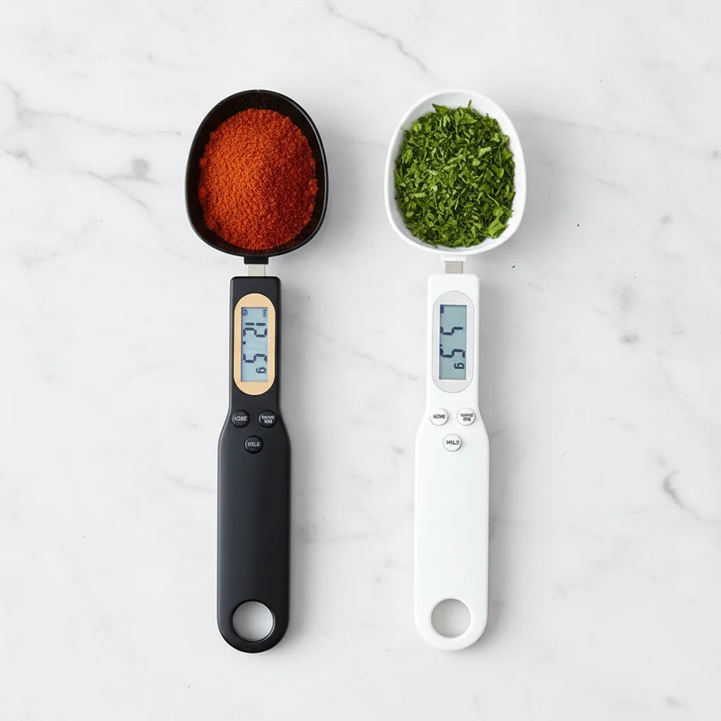Digital precision measuring spoon with white digital scale displaying 54 grams, used for accurate measurement of spices and herbs in cooking