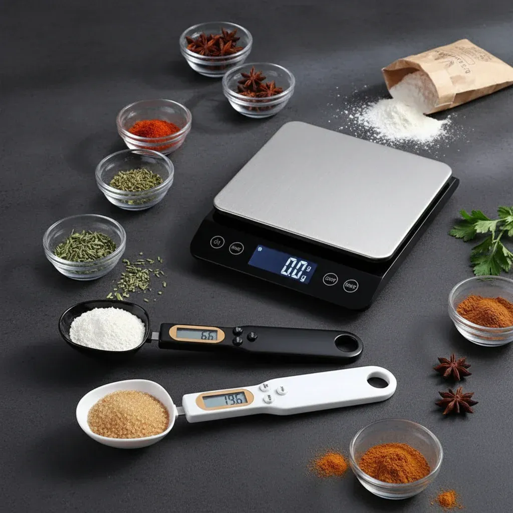 Digital precision measuring spoons with high-accuracy digital kitchen scale, surrounded by various spices and herbs on dark countertop