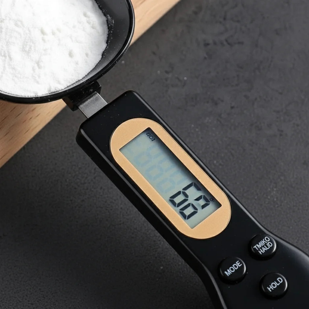Digital precision measuring spoon with high-accuracy digital scale displaying 52 grams, black and gold design, used for precise ingredient measurement in kitchen