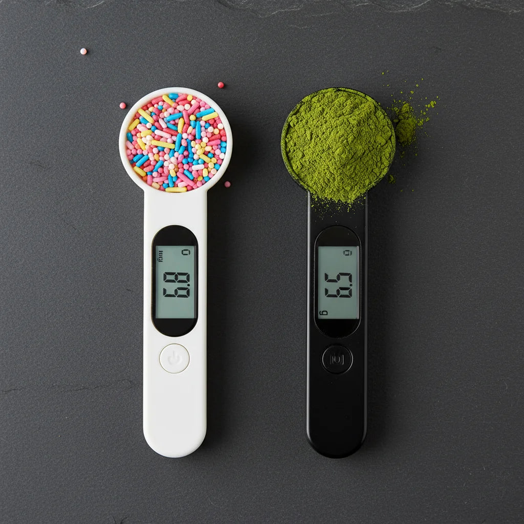 Digital precision measuring spoons with LCD display, white color, filled with colorful sprinkles, used for accurate ingredient measurement - SKU: 12345