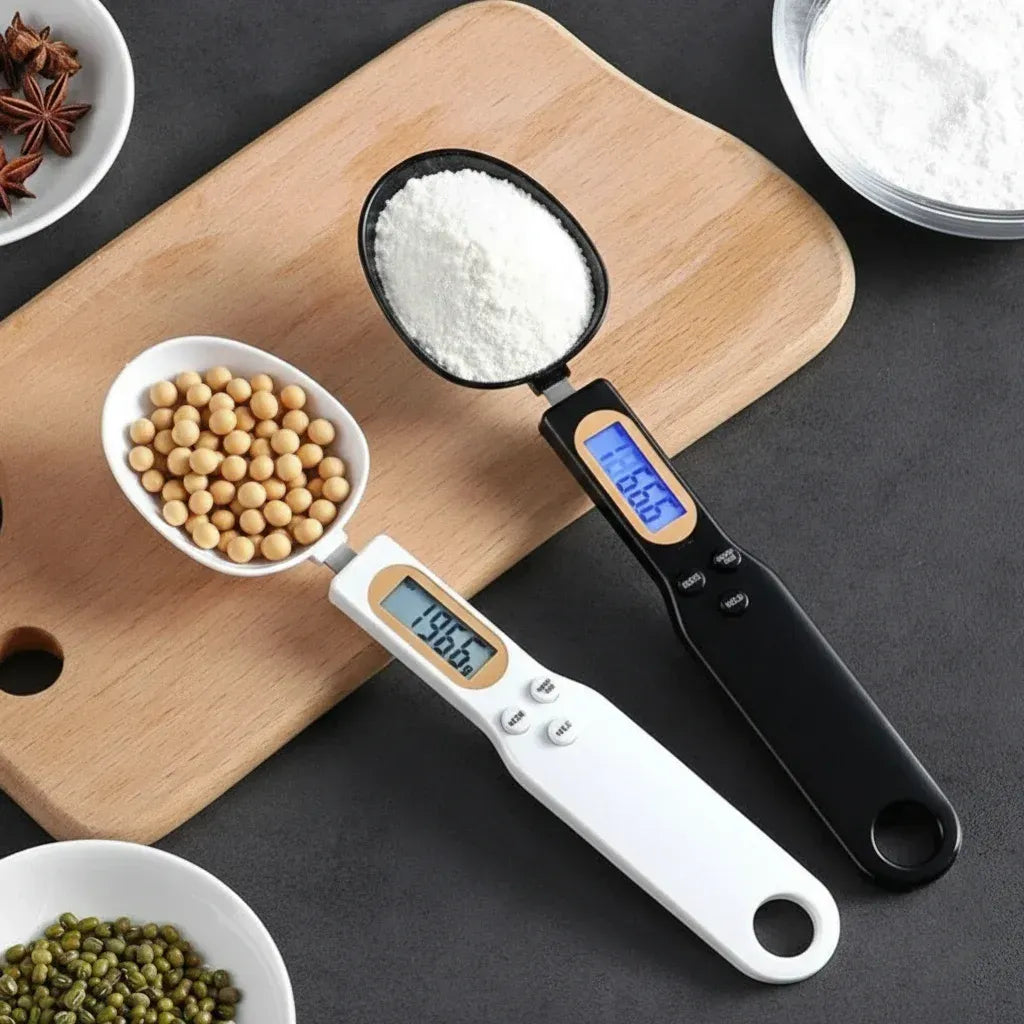 Black and white digital precision measuring spoons with LCD screens, used for accurate measurement of ingredients like flour and spices in kitchen