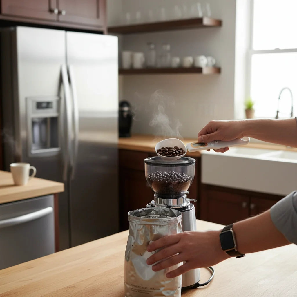 Digital kitchen scale measuring coffee beans in a white spoon, placed on a wooden countertop in a modern kitchen setting - SKU: 12345