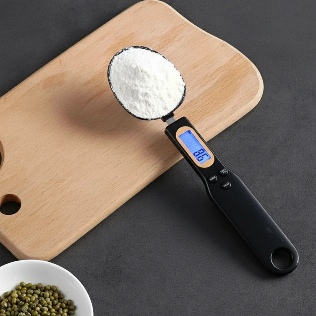Kitchen scene with digital precision measuring spoons measuring flour and spices on a black and wooden surface, ideal for baking and cooking