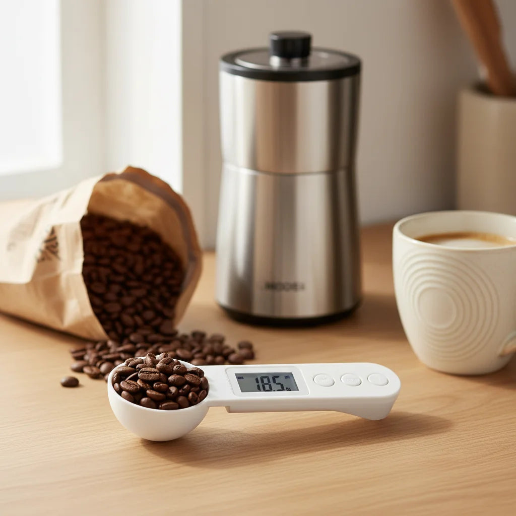High-accuracy digital scale measuring coffee beans in a white scoop, with a coffee grinder and mug in a cozy kitchen environment - SKU: 12345